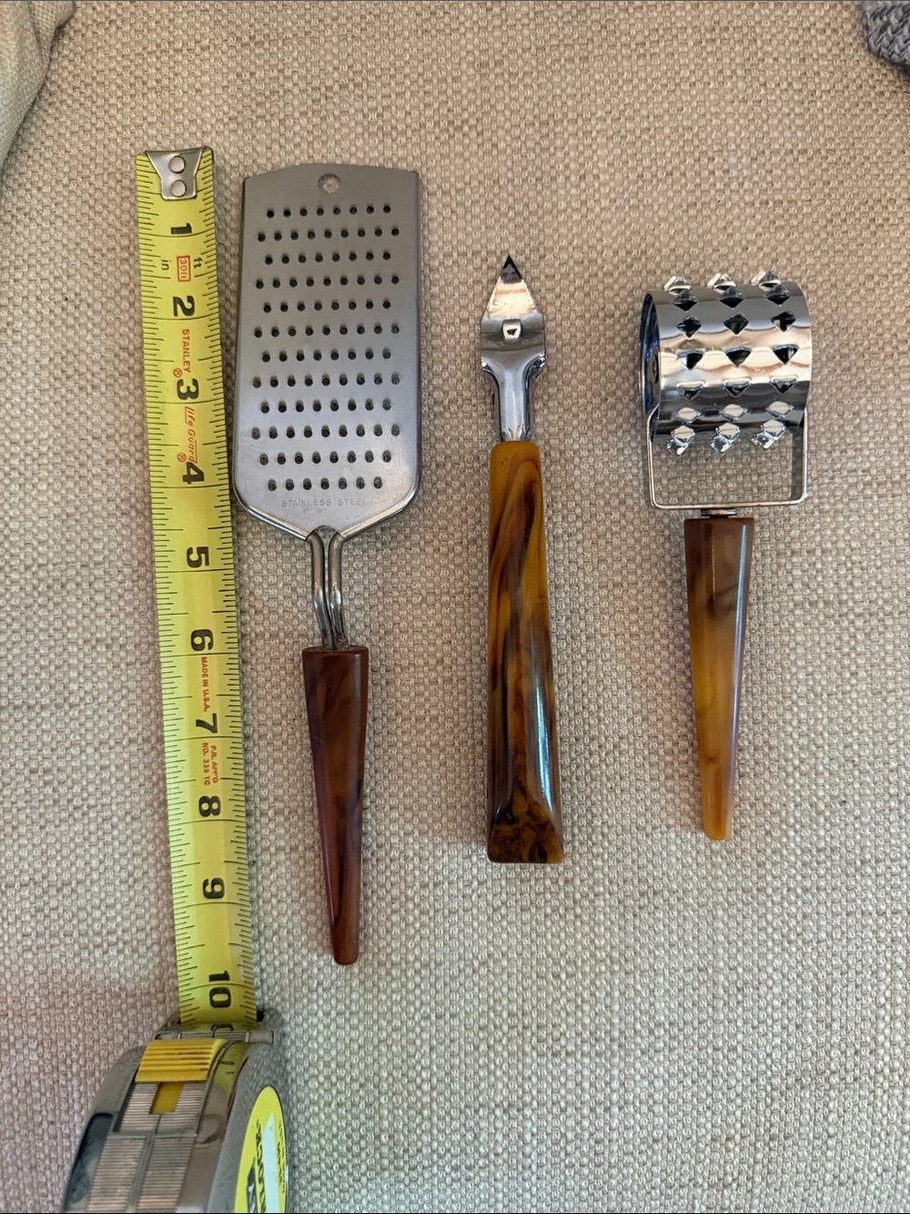 Vintage butterscotch Bakelite kitchen tools - Grater- Opener - Meat Tenderizer